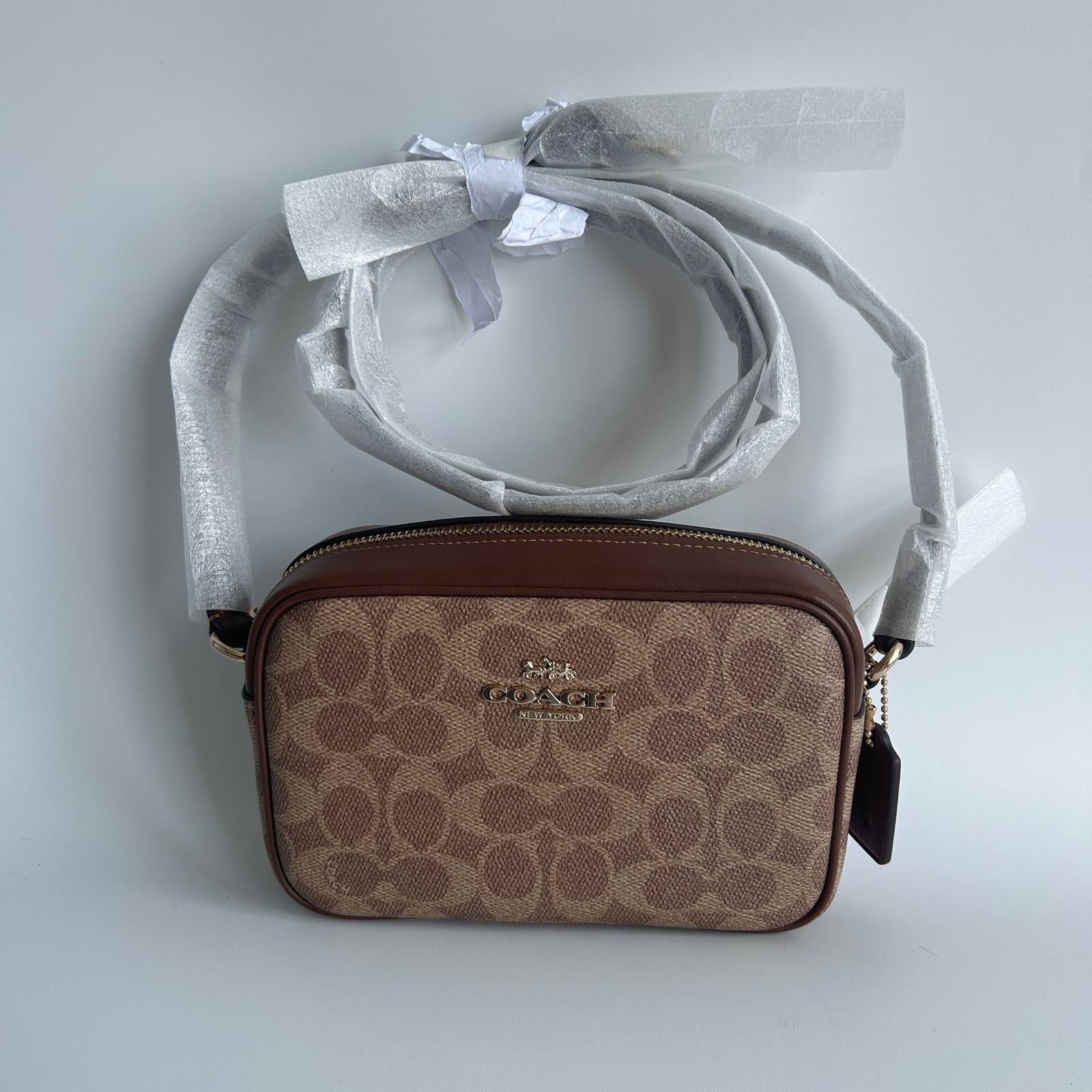 Coach Mini Jamie Tan Brown Signature Canvas Leather Camera Bag New